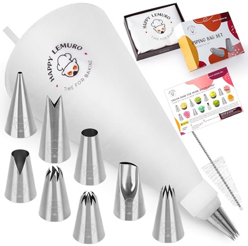 Spritzbeutel Set - Premium Spritzbeutel mit Tüllen | Spülmaschinengeeignete Spritztüte aus Baumwolle mit 8 Spritztüllen | Tortenspritze | Sahnespritze für Kuchen, Cupcakes, Baiser, Churros und Kekse