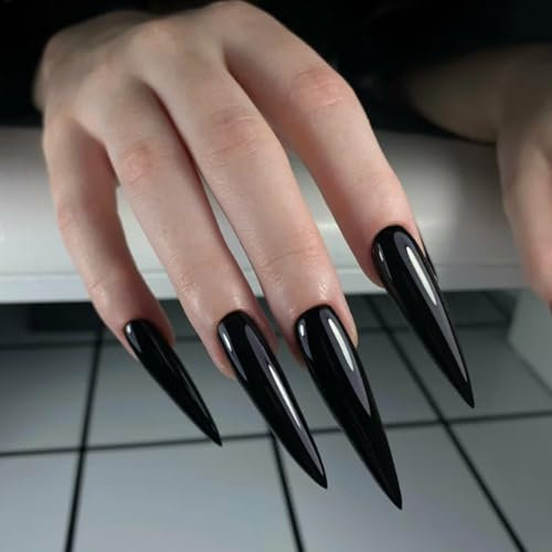 24Pcs Oval Classy Black False Nails -Extra Long Almond Press on Nails - Glossy Full Cover Fake Nails with Glue - French Stiletto Long Acrylic Stick on nails for Women Girls Nails Art Accessories