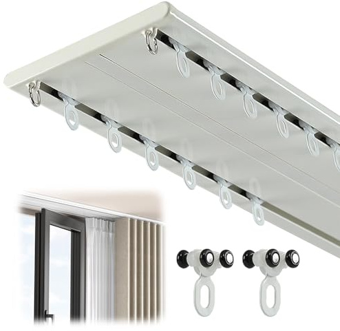 Vorhangschienen-Set, Komplett-Set mit 2-läufiger Vorhangschiene, Befestigungsmaterial,Doppelläufige Vorhangschiene mit Leiser Gleitfunktion für Wohnzimmer Schlafzimmer Vorhänge, Weiß, 2.0m