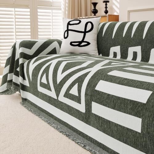 MYSKY HOME Boho Sofa Überzug Olivgrün, Sofaschoner Hund & Sofaschutz Katze | Couch Überzug mit Quasten Sofaschutz für Haustiere und Kinder, Dekorative Überwurfdecke für Wohnzimmer 1/2/3 Sitzer 180x260cm