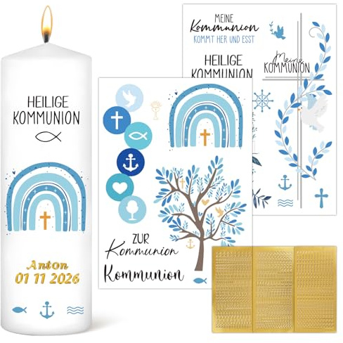 UNISUNSG 2pcs Kerzentattoos Kommunion Kerzen Tattoofolie + 3pcs Groß- und Kleinbuchstaben Kerzen Sticker Gold Zahlen Aufkleber für Kommunionkerzen Basteln
