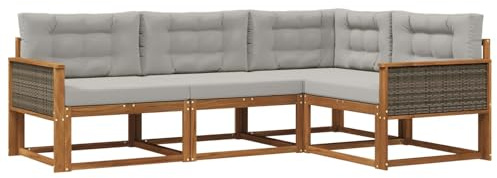 vidaXL Outdoor-Sofagarnitur mit Kissen 4 pcs Natur und Hellgrau, Anpassbare Gartenmöbel, modernes Patio-Sofa, gemütliche Sitzgruppe, wetterfest und robust