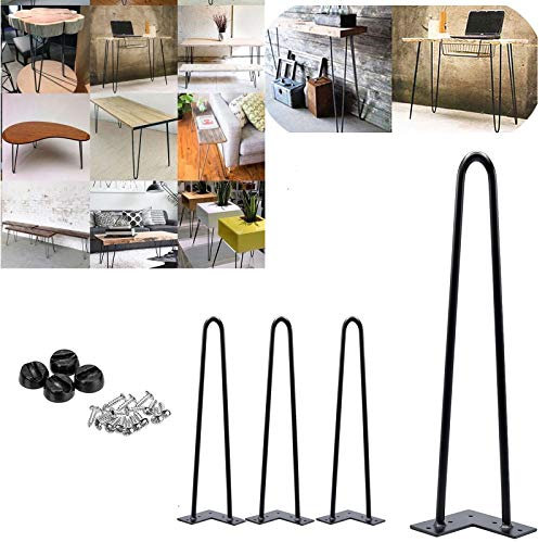 dicn Lot de 4 pieds de table en épingle à cheveux pour table basse, armoire, bureau en acier massif, deux tiges de 10 mm d'épaisseur, construction entièrement soudée, trous pré-percés, noir 35 cm