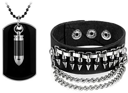Cupimatch Patrone Armband Kette Set Herren Leder Kordelarmand Halskette Armreif Dog Tag Gothic Stil 15,5-19cm Länge Verstellbar, Schwarz