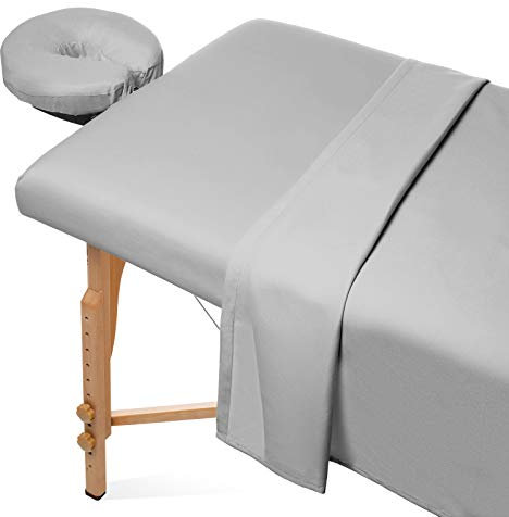 Parure de draps 3 pièces en microfibre pour table de massage - Drap-housse, drap plat et housse pour têtière (gris clair)