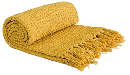 Emma Barclay Honeycomb - Recycled Cotton Plain Waffle Textured Chair Sofa Setee Throw Over Blanket in Ochre Yellow - 90x100 (228x254cm)