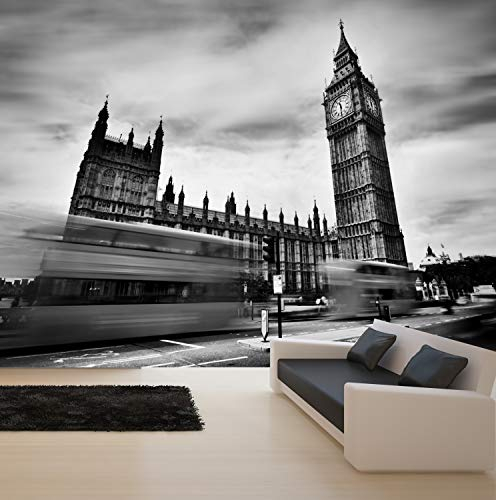 Vlies Tapete XXL Poster Fototapete England London Big Ben Bus Farbe schwarz weiß, Größe 200 x 150 cm