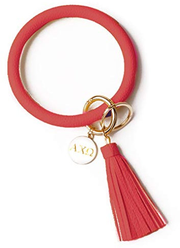 Sorority Shop ACO Armreif Schlüsselanhänger – Alpha Chi Omega roter Ring Schlüsselanhänger mit gravierter Scheibe, Rot/Ausflug, einfarbig (Getaway Solids), 1