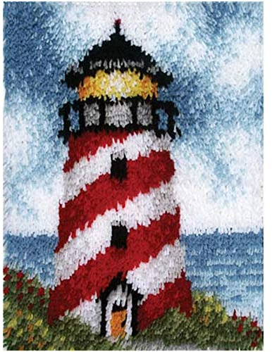 GUARDUU Knüpfteppich Kissen Teppichherstellung Kit Für Erwachsene Kinder Anfänger DIY Knüpfen Set Mit Buntem Muster Bedruckte Leinwand, Tolles Geschenk, 52X38cm, Leuchtturm