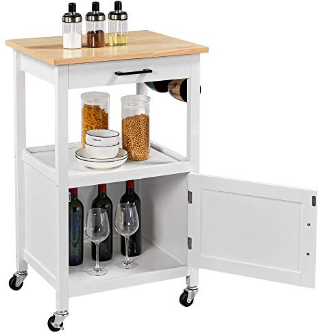 costoffs Rolling Kitchen Trolley Cart, Small Kitchen Island on Wheels with Drawer and Storage Cabinet, Shelving Unit for Bathroom/Kitchen/Office/Garage, White