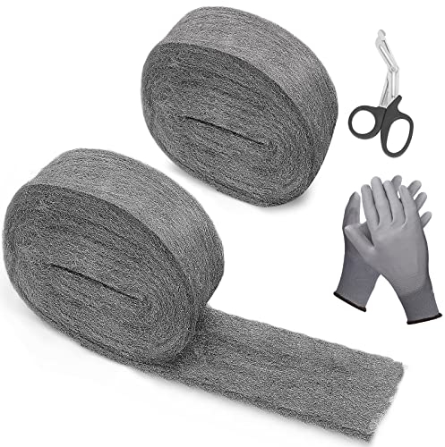 iunio Wire Wool, 2 Pack Steel Wool Mice Blocker with Gloves & Scissors, WireWool Mice for Cleaning, 0000 Steel Wool for Polishing, Rodent Control Hole Filler Wall, Kitchen, Ceiling, Garden, Attic
