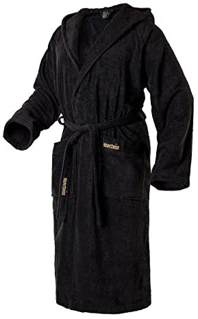 Mount Swiss Damen Herren Bademantel ONEX mit Kapuze I Morgenmantel flauschig I Nachtwäsche aus edler Baumwolle Farbe: schwarz, Grösse: XL