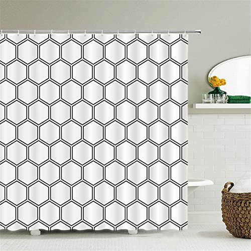 Duschvorhang 3D Wasserdicht Badewanne Vorhang Waschbar Polyester Stoff Badezimmer duschvorhänge mit 12 C-förmigen Kunststoffhaken, für Badewanne und Bathroom- 200x200cm, Weißes Sechseck