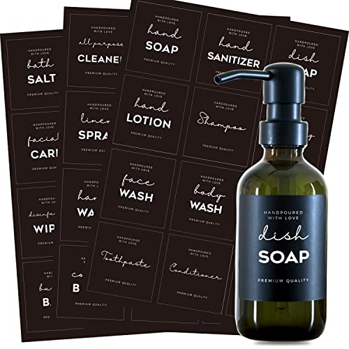 36 PCS Printed label stickers for Bottles, Prefdo Waterproof Minimalist Farmhouse Labels for Bathroom Kitchen Hand Soap Shampoo Conditioner Lotion Dispenser Bottles Containers(Black)