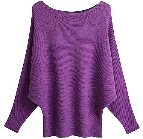 FULIER Boat Neck Batwing Sleeves Dolman Knitted Sweaters and Pullovers Tops for Women One Size (Purple)