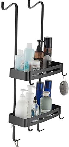 MOGFCT Duschregal zum hängen, Badezimmer-Duschablage, über der Tür hängende Duschablage, rostfreies Aluminium-Duschregal, Badezimmerregal mit Haken (doppelt schwarz)