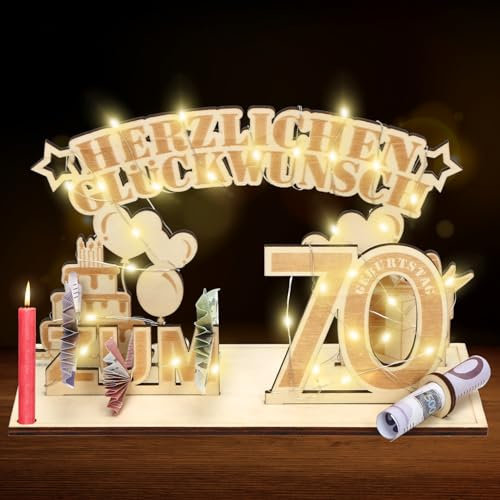 Geldgeschenke 70 geburtstag,70.Geschenke Dekoration mit LED Lichterkette,Geschenke aus Holz zum 70 Geburtstag Mann Frau，Geldgeschenke geburtstag holz，Geburtstag Dekoration für Männer und Frauen