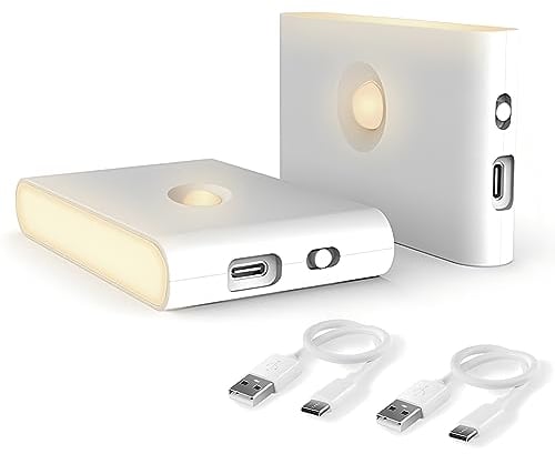 Puhui LED Nachtlicht mit Bewegungsmelder, Aufladbar USB Nachtlicht Kinder mit 3 Modi (Auto/ON/OFF), 2700K Warmweiß Nachtlampe für Schlafzimmer,Treppenhaus, Badezimmer, Schrankbe, Flur [2 Stück] (A)