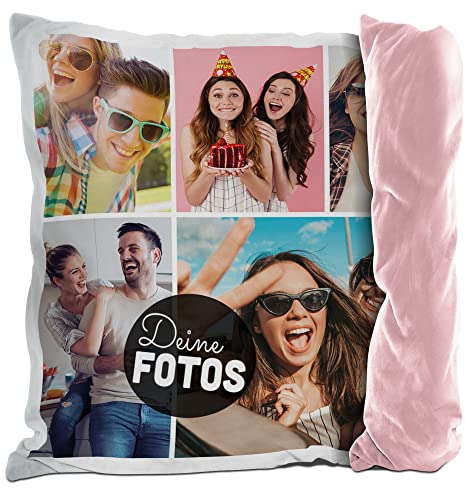 PR Print Royal Fotokissen mit Collage selbst gestalten - mit 5 Fotos Personalisieren - Geschenk für Familie und Freunde | Rückseite Rosa, inkl. Kissenfüllung, 40x40cm