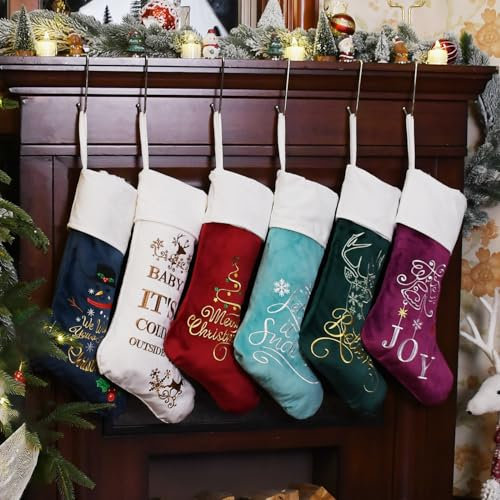 Senneny 6 Stück Luxus Samt Weihnachtsstrümpfe, Qualität bestickte gemusterte Weihnachtsstrümpfe groß, klassische Weihnachtsdekoration zum Aufhängen für Familie, Weihnachten, Urlaub, Party