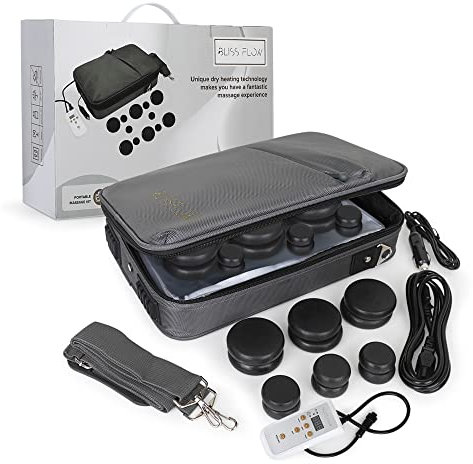 BlissFlow Hot Stones Massage Set with Warmer Kit – 12 Basalt Massage Stones – Digital Electric Stone Warmer & Portable Heater – Hot Stones for Massage in Travel Carrying Bag