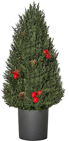 HOMCOM Weihnachtsbaum 50 cm Zypressen-Weihnachtsbaum 170 Zweige Christbaum mit 7 roten Beeren und 6 Tannenzapfen Kunsttanne für Tisch und Schreibtisch PVC PE Grün Ø27 x 47 cm