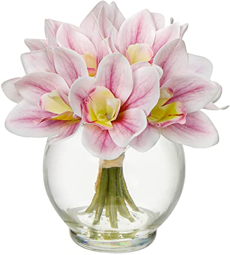 9 fiori artificiali in vaso vero tocco, orchidea finto Cymbidium fiore in vaso di vetro con finta acqua seta rosa finta Phalaenopsis disposizione per casa matrimonio tavolo centrotavola decorazione