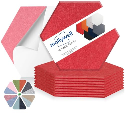 Mollywell Hexagon Acoustic Panels, High Density, Soundproofing, Decorative Noise Reduction Felt Wall Tiles for Ceilings, Home Office & Gaming Room (Red), 14x12x0.4 Inch