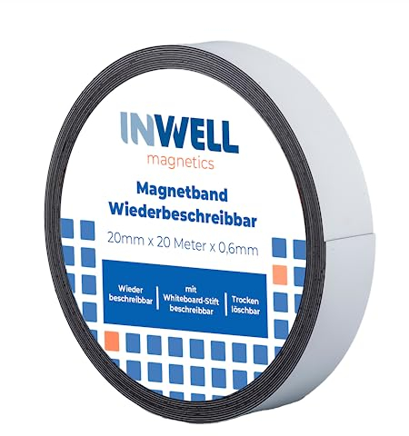 Inwell - Magnetband 20 mm mit Whiteboard-Beschichtung | Länge 20 meter | Magnetbänder mit weißer Oberfläche | Für einem Whiteboard-Marker | Magneten beschriftbar
