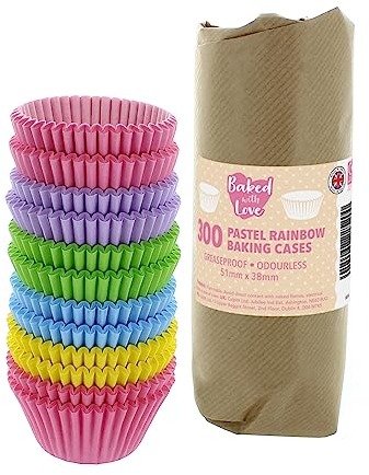Baked With Love Pastel Rainbow Cupcake Cases - 300-50mm Baking Cups, Pink, Purple, Green, Blue, Yellow, Greaseproof Paper Cases for Muffins and Cupcakes, Bulk Pack of 300