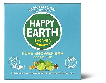 Happy Earth Barre de Douche - Pour Hommes et Femmes - Savon Douche Solide - 100% Ingrédients Naturels & Végan - Cèdre Lime - 90 gr