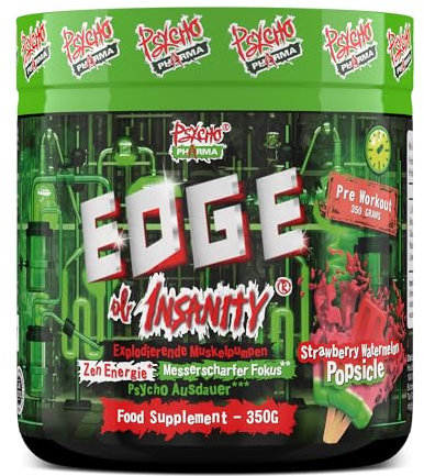 New #1 Strongest PWO Psycho Pharma Edge of Insanity - Most Intense Pre Workout Powder for, Focus, Power & Energy. Premium researched Formula and Ingredients - 325g (Strawberry Watermelon Popsicle)