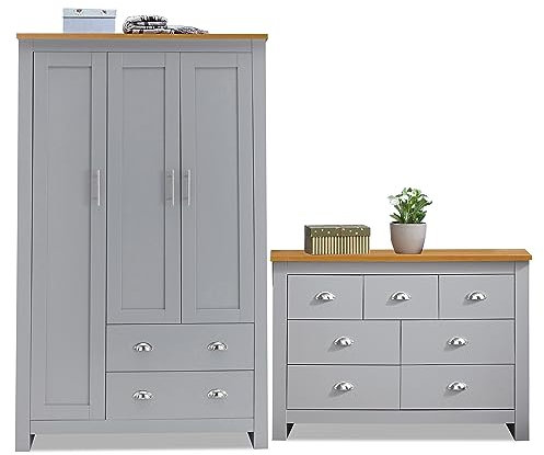 Bedroom Sets with 3 Door Wardrobe & 4+3 Drawer Chest of Drawer with Stainless Steel Cup Handle Modern Bedroom Furniture Set for 2 Piece Bedroom Storage Furniture Set (Grey & Oak)