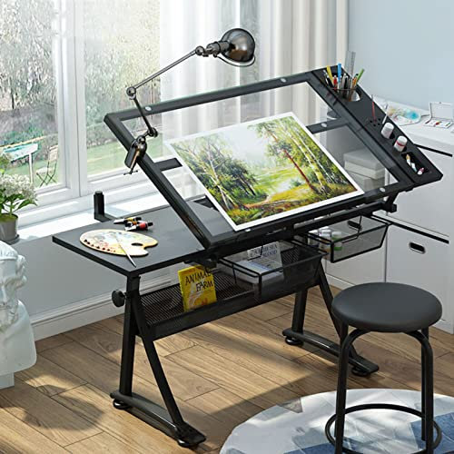 Zeichentisch mit Glasplatte, höhenverstellbarer Zeichentisch, Kunsttisch, neigbare Tischplatte, Kunsthandwerkstisch, Malerarbeitsplatz, 2 Schubladen, seitliches Ablagefach, zum Lesen, Schreiben,