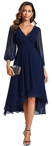 Ever-Pretty Women's V Neck 3/4 Sleeves Pleated A-Line Navy Bridesmaid Dresses Wedding Guest Navy Blue 18UK
