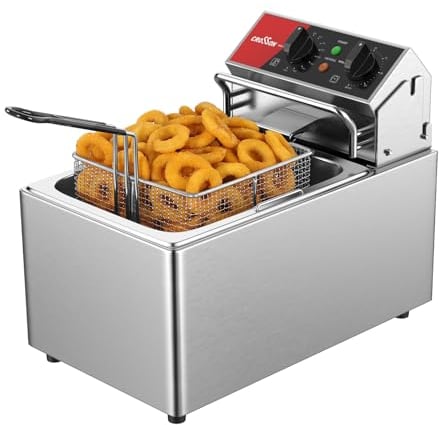 CROSSON Freidora eléctrica de 8 L con termostato EGO, temporizador de 30 minutos, depósito de aceite extraíble, cesta de acero inoxidable maciza, cabezal giratorio (depósito único de 8 litros)