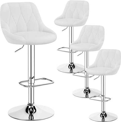 Yaheetech Lot de 4 Tabourets de Bar en Similicuir Hauteur Réglable de 86 cm à 107,5 cm Chaises de Bar Assise Pivotante Repose-Pied Carré Tabourets Hauts Cadre Métallique Galvanisé Blanc