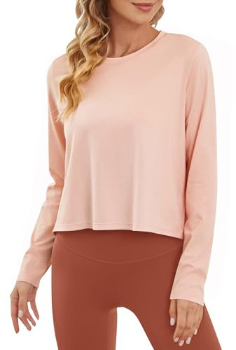 G4Free Camisetas de entrenamiento de manga larga para mujer, camisetas cortas con protección solar UPF 50+, para senderismo, correr, atletismo, ligeras, Rosa claro, Large