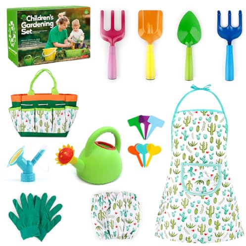 ENIKMOSD Outillage de Jardin pour Enfants,18 Pièces Outils de Jardinage,Outils de Jardinage pour Enfants,Jouet de Jardin Enfant avec Arrosoir,Gants,Râteau,Pelle,Cadeau de Jardinage pour Enfants