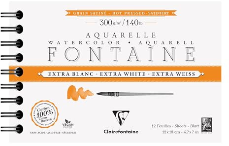 Clairefontaine 976029C - Spiralblock Aquarellpapier Fontaine extraweiß satiniert, 12 Bogen 300g 12x18 cm, 1 Stück