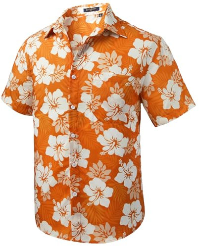Rithern Orange Hawaiian Shirt for Men Summer Floral Hawaii Shirts Short Sleeved Casual Funky Aloha with Front Pocket for Festival 2XL