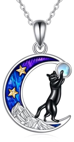 YAFEINI Katzen Kette aus Sterlingsilber mit Katzen Anhänger Mond- und Berg Halskette Schmuck Geschenke für Damen