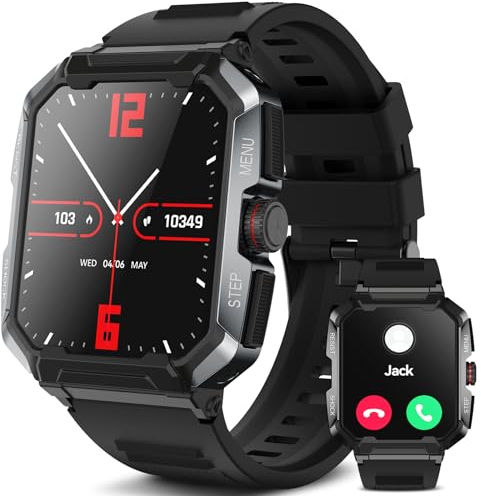 anyloop Smartwatch Herren mit Telefonfunktion, 1,85 Zoll 400mAh Militär Uhr IP68 Wasserdicht 120+ Sportmodi Sportuhr mit Pulsuhr, SpO2, Stresstest, Schlafmonitor für Android iOS, Schwarz