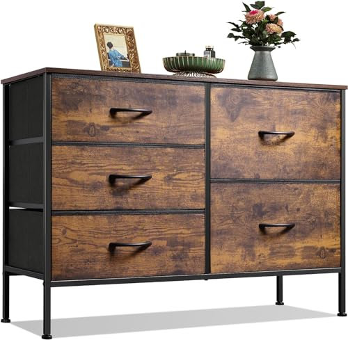 WLIVE Chest of Drawers, 5 Fabric Drawers Cabinet with Easy Pull Handle, Wood Top and Sturdy Steel Frame for Bedroom, Living Room, Kids Room, Rustic Brown