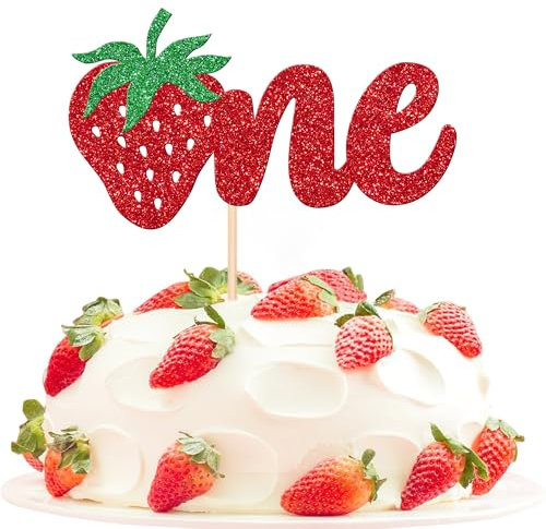 Xsstarmi Glitter Red Berry Strawberry First Birthday Cake Topper - One Pack Happy 1st Birthday Party Decorations for Baby Shower Theme Supplies