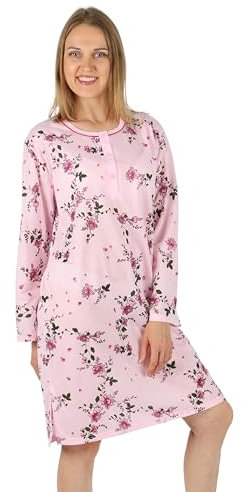 Schuerzenfabrik - Chemise de nuit à manches courtes pour femme, bleue, rose, violet, orange avec boutonnière, Chemise de nuit à manches longues rose, XXL