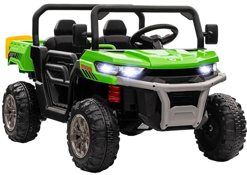 HOMCOM 2 Seater Kids Ride On Car with Electric Bucket, 12V Battery Powered Electric UTV with Shovel, Parental Remote, 4 Spring Suspension Wheels, Working Horn, Music - Green