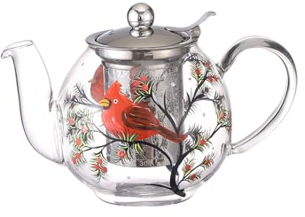 Cottea 1000 ml/35 oz Handbemalte Teekanne Aus Glas Mit Muster Für Den Herd, Teekanne Mit Siebeinsatz, Glas Teekessel Mit Teesieb, 1 Packung. (Kardinäle)