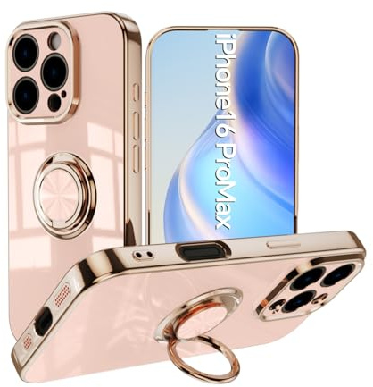 IMEIKONST Custodia per iPhone 16 Pro Max con Anello Angolo Regolabile, Placcatura TPU Silicone Morbido Antiscivolo Protezione Della Fotocamera Antiurto Case per iPhone 16 Pro Max. Pink AK