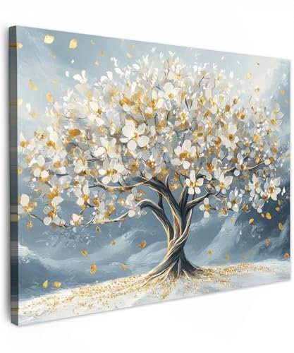 MuchoWow© Impression sur Toile Cadeau Noel Photo Peinture 70x50 cm Tableau Decoration Murale Chambre Salon Maison Deco Cuisine Arbre - Hiver - Arbre de vie - Moderne - Or